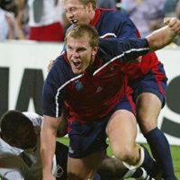 Kort Schubert celebrating after scoring vs Fiji in the 2003 RWC. Photo RWC.