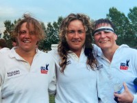 Kirk, at right, with MA Sorensen, center, and Tricia Turton, right, after playing New Zealand in 1996. Photo courtesy Liz Kirk.