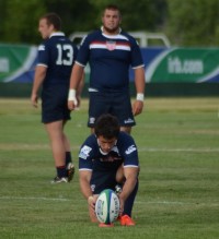 Hughes lines up a kick for the USA U20s in the 2012 Junior World Trophy. P. Crane photo.