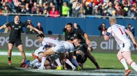 Mike Petri gets set to send the ball out against New Zealand in 2014. David Barpal photo.