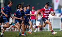 NA Lions in mostly red. Brussels in blue. Photos Emirates Dubai 7s photo service.