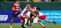 NA Lions in mostly red. NA Barbarians in mostly white. Photos Emirates Dubai 7s photo service.