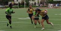 Action in the 2021 National Sevens Youth Rugby Championships girls final. Alex Goff photo.