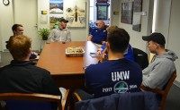 Fitzgerald and Brown meet with UMW players. David Hughes photo.