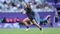 Spiff Sedrick celebrates the game-sealing try she's about to score vs Brazil.. Photo Mike Lee KLC Fotos.
