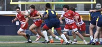 Pelham in blue, Fairfield Prep in red and white. Photo @CoolRugbyPhotos.