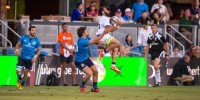 Yes he can jump. Mike Te'o goes up for the high ball against Italy. David Barpal photo.