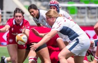 USA prop Kambria Hartrick causes problems. She was a force throughout the game. Photo Rugby Canada.