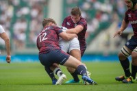 Carty and Calvin Whiting lay in a tackle against England last week. Ian Muir photo.