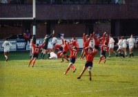 The USA celebrates one of Clair Godwin's two tries in the 1991 RWC final.