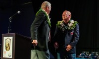 Brian Vizard welcomes Chris O'Brien to the Hall of Fame. Photo Wade Bricknell.