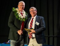 Brian Vizard welcomes Peter Watson to the Hall of Fame. Photo Wade Bricknell.