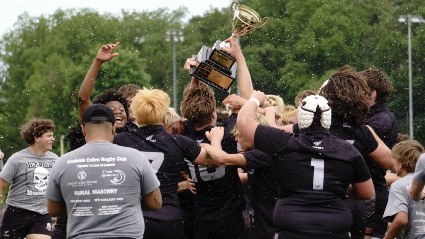 Eastside Exiles celebrate winning the 2026 Rugby Wisconsin boys championship. Photo Badger Kings.
