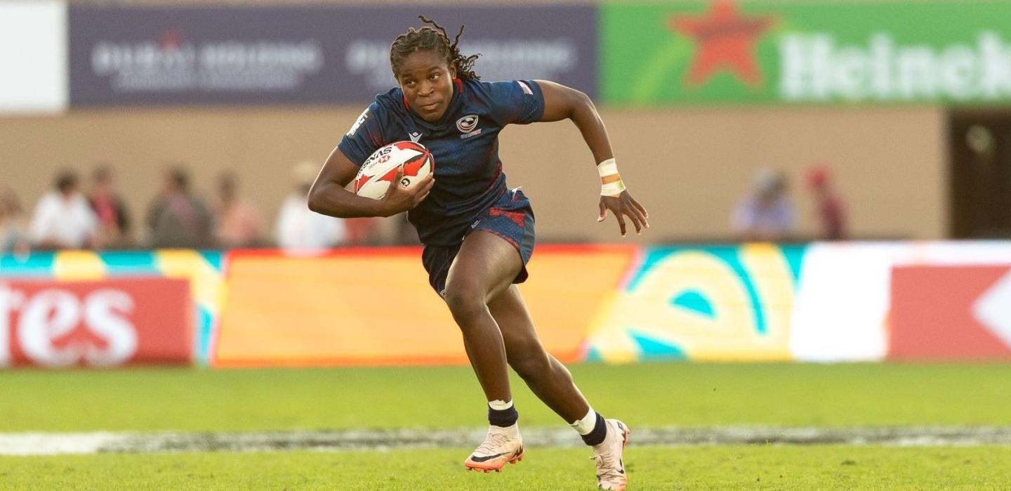 Kaylen Thomas for USA Women 7s at 2025 Dubai 7s. Alex Ho photo.
