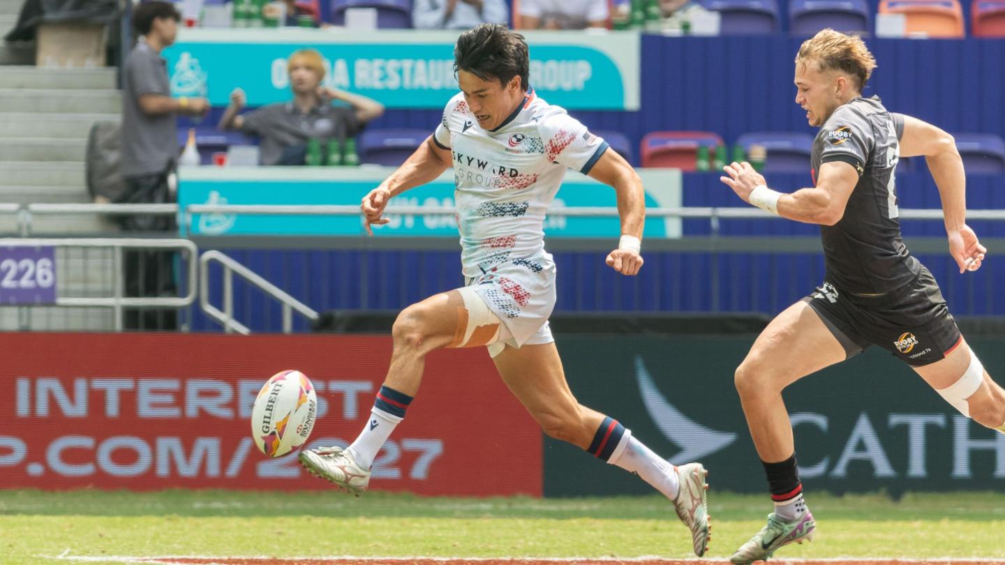 Lucas Lacamp chips ahead vs Germany. Photo Alex Ho for World Rugby.