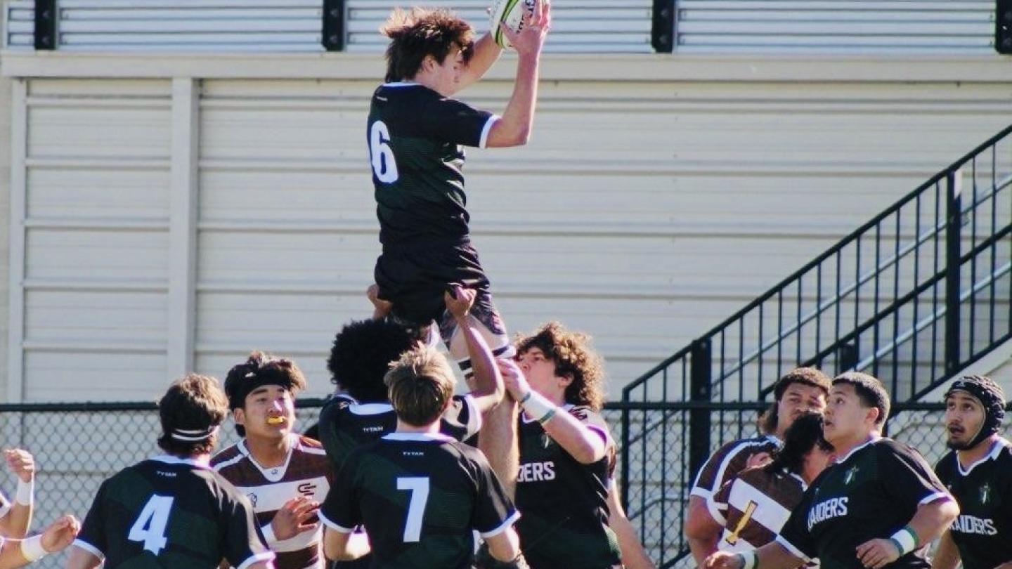 Ronan Curry wins lineout ball for Rio Americano HS, 2026.