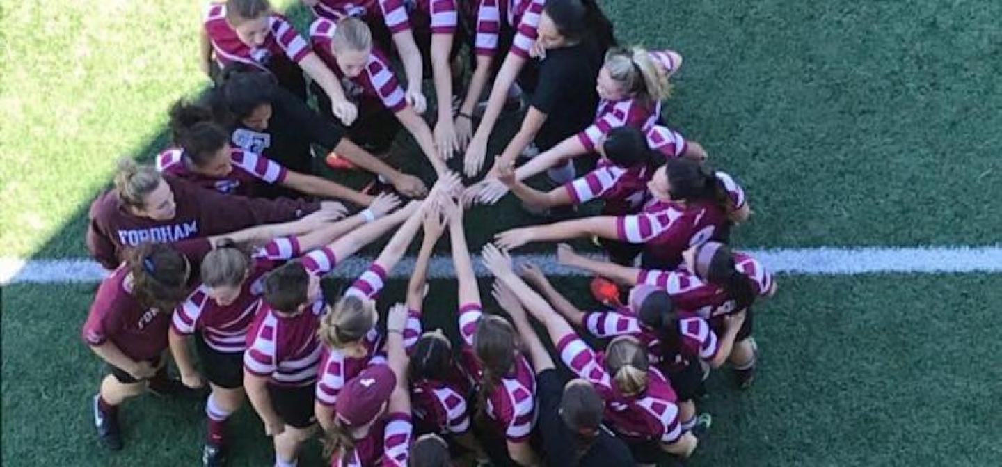 fordham women team huddle overhead fordham women team huddle overhead